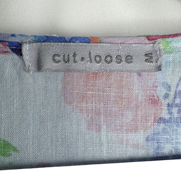 Cut Loose Blue Pink Floral 100% Linen Tunic Top 3/4 Sleeve HighLow Lagenlook SzM - Picture 3 of 7